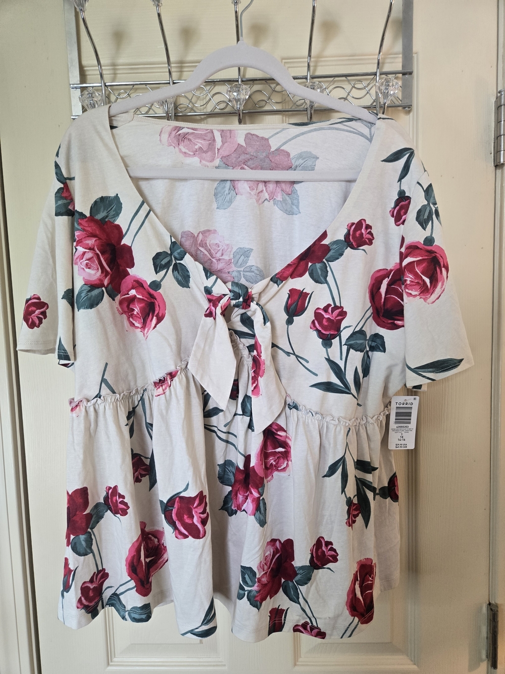 Torrid Cream Floral Tie-Front Peplum Top